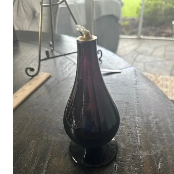 Hand Blown Amethyst‎ Purple Glass Oil Lamp Made in Poland Teardrop Footed 7