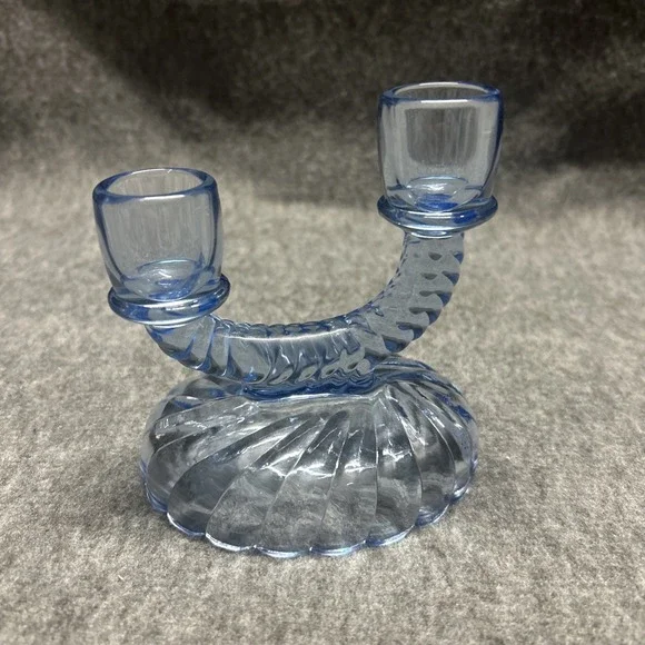 Vtg Double Offset Level Glass Taper Candlestick Holder Viennese Blue Twist Swirl