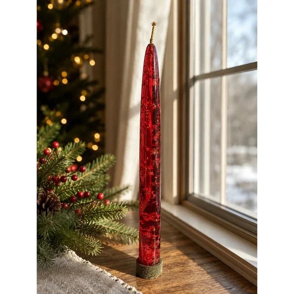 Vintage Red Lucite Taper Candle Christmas MCM Decoration Glitter Foil Acrylic 8