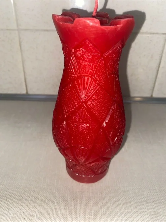 Vintage UNLIT Wax Candle Vase Shaped Red‎ Textured Patterned