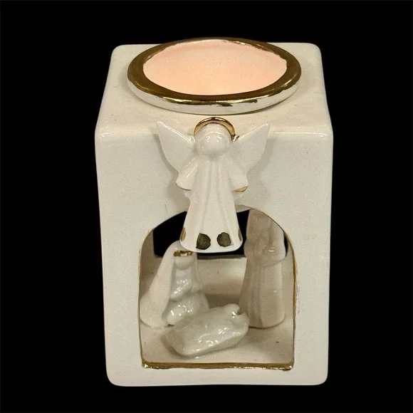 Ivory & Gold Porcelain‎ Nativity Set Votive Holder  Square 4.25