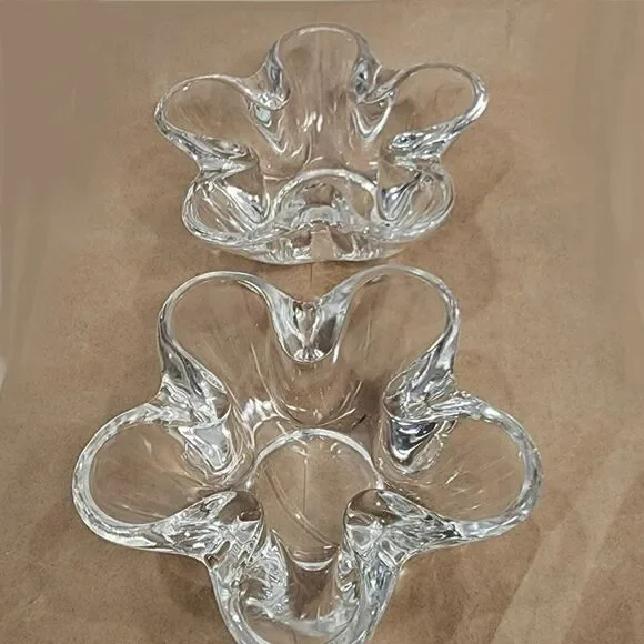 2 VTG Clear Tiffin Neodymium Flower 5 Lobe Heavy‎ Art Glass Bowl Candle Holder