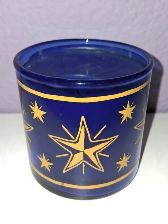 Vintage Celestial Stars Blue Glass Single Wick Candle Gold Yellow Goth Boho 90s