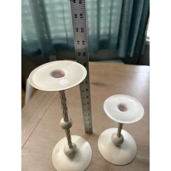 Vintage Cream Distressed Metal Taper Candle Holders Set of 2 Twisted Stem 10.5in