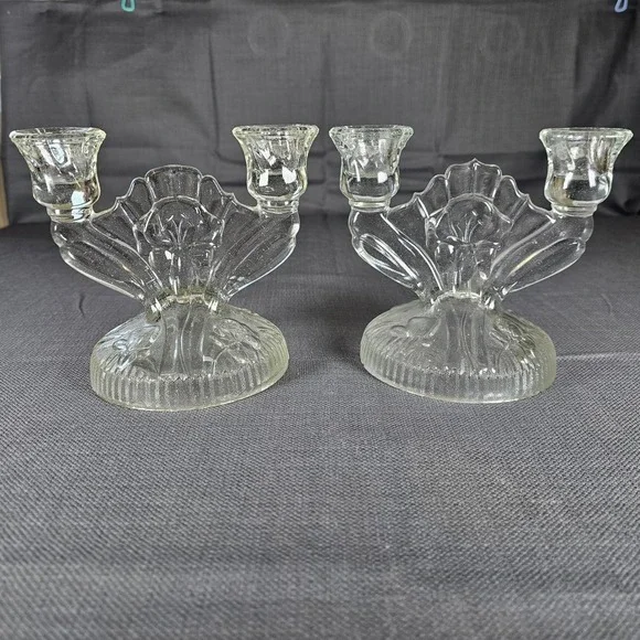 Vintage Clear‎ Glass Double Candle Holder Set Elegant Candlelabra Decor