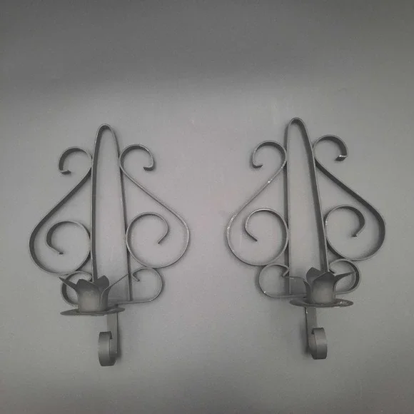 Ornate Black Metal Wall‎ Sconce Candle Holders Pair Scrollwork Vintage Decor