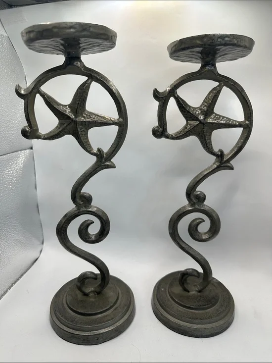 Metal Starfish Scroll Candle Holders - silver 13” tall