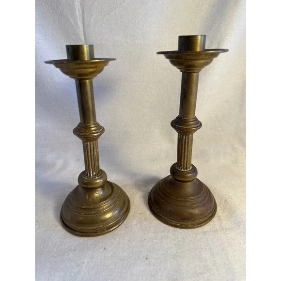 Vintage‎ Brass Candlestick Holders Pair Fluted Column Neoclassical Taper Set