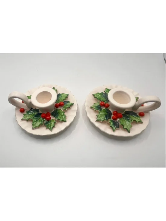 Vintage Holt Howard 1962 Holly Berry Candle Holders Pair Christmas Chamberstick