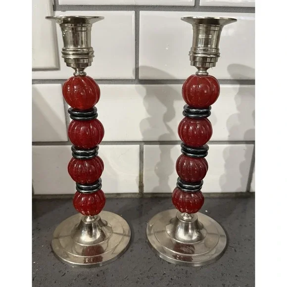 Vtg Silver Tone Red Glass Beads Candle Stick Holders Set Of 2