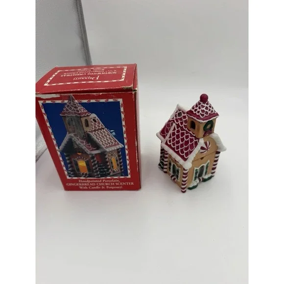 Vintage Handpainted Porcelain Gingerbread Church Scenter Candle