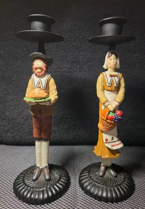 vintage Thanksgiving pilgrim couple candle holders 8.5