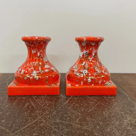 Vintage Orange White Gold Splatter Ceramic Candle Holders Pair (2) MCM‎ Decor