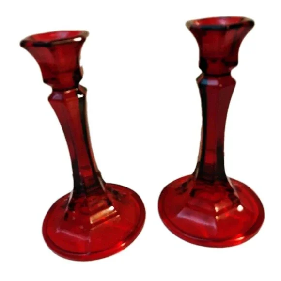 Vintage Indiana Glass Ruby Red Candlesticks for taper candles 6 Inches Tall