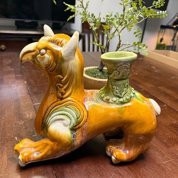 Vtg‎ Sancai Glaze Ceramic Crackle QILIN Griffin Statue Chinese Mythical Unicorn
