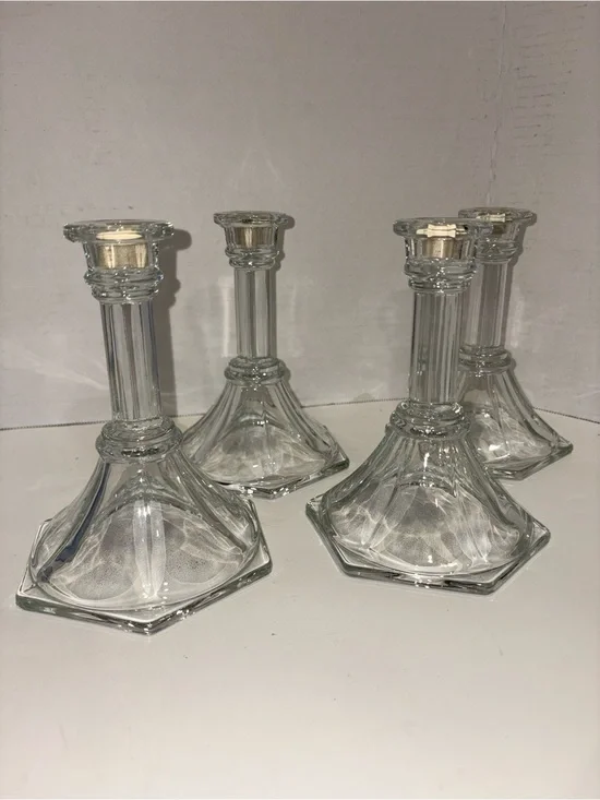 Home Interiors Clear Glass Hexagonal Base Candlestick Holders Set of 4