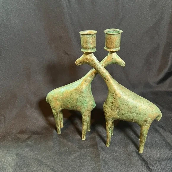 Vintage Verdigris‎ Metal Giraffe Candleholders Pair Indonesia Mid Century Modern