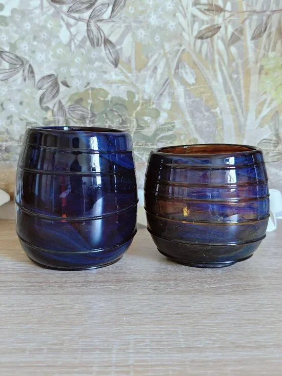Vintage Signed Hand Blown Amethyst Amber Ribbed Art Glass Tumblers Set of 2