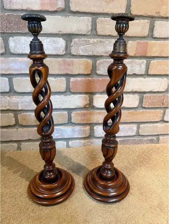 Pair of Vintage Wooden Spiral Twist Candlesticks