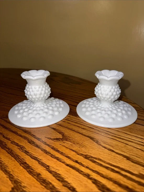 FENTON MILK GLASS HOBNAIL TAPER CANDLE HOLDERS SET OF 2