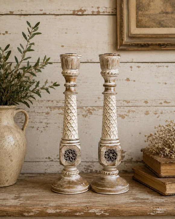 Pier 1 Hand-Carved Wood Candle Holders: Whitewashed Boho Decor