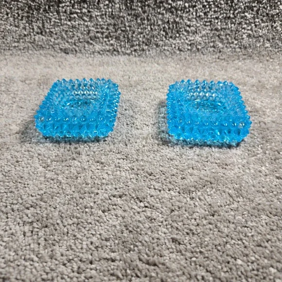 Vintage Hobnail Glass Candle Holder Set Turquoise Blue Square Votive Pair