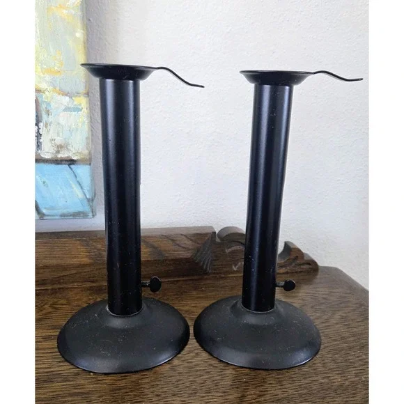 Pair‎ of Vintage Black Iron Metal Push Up Candlestick Holder Cottage Lights