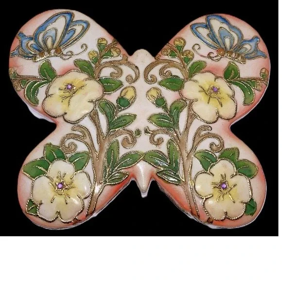 1915 Butterfly Shape‎ Nippon Gold Cloisonne Enameled Jewelry Trinket Box