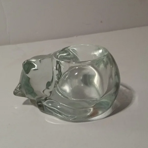 Vintage Indiana Glass Cat Votive Holder Clear Crystal With Candle Kitty Lover