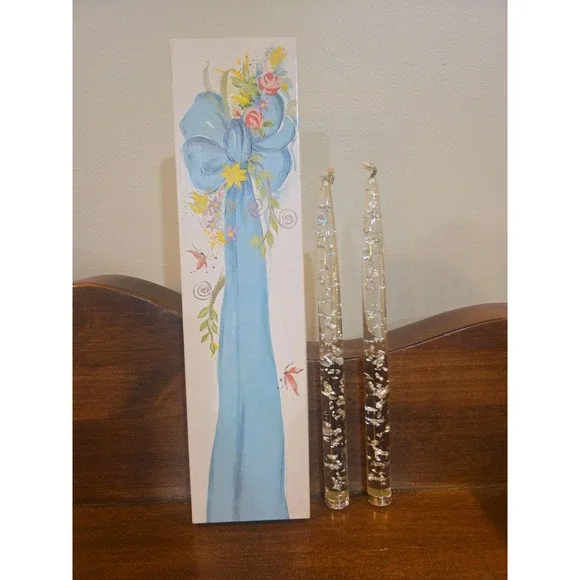 Vintage Lucite Acrylic Clear Taper Pair Candles Silver Flake 10