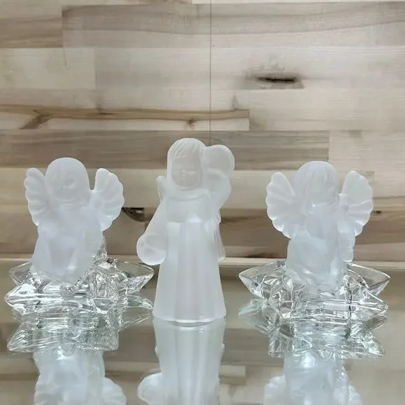Beautiful set of 3 frosted glass angel candle‎ holders holidays Christmas angels