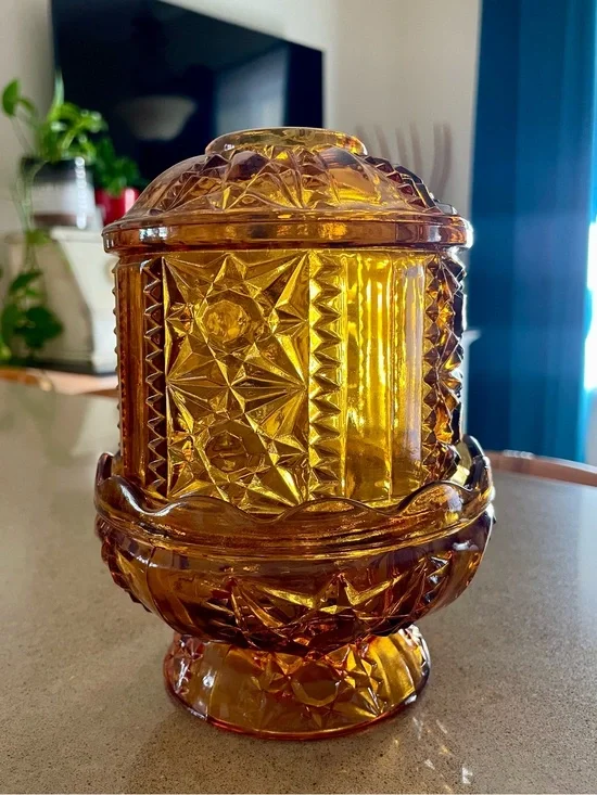 Vintage Indiana Glass Stars & Bars Amber Fairy Lamp