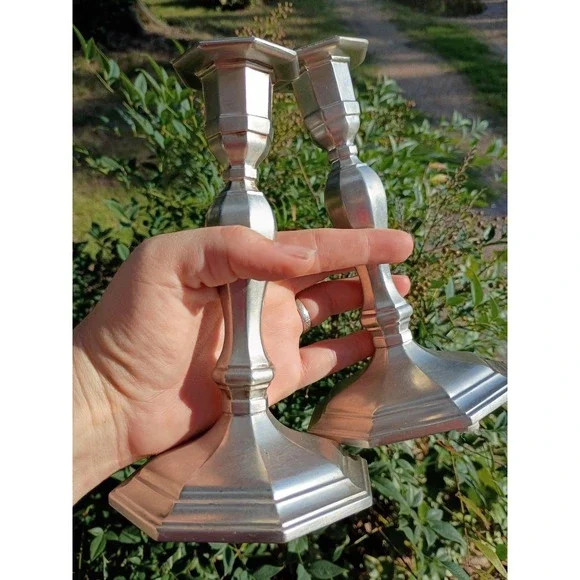 Gorham Pewter Octette Pair (2) Candle Stick Holders Heavy MCM 7