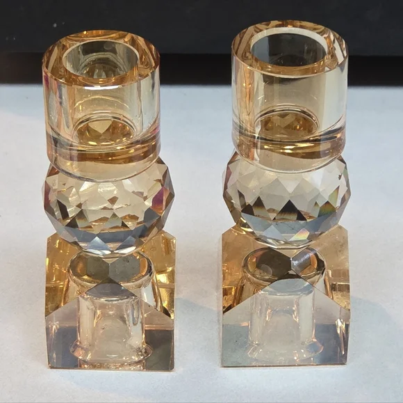 Beautiful Amber Crystal Set Of 2 Candle Holders