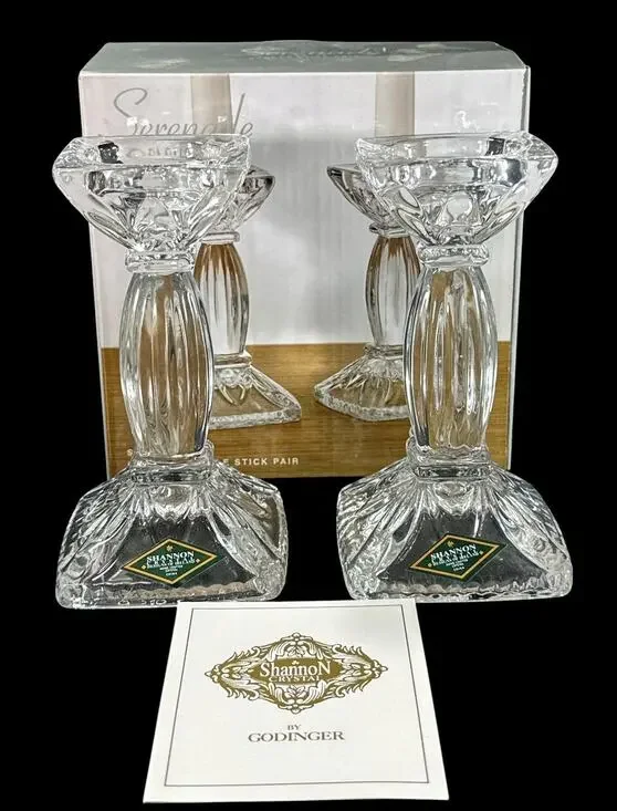 Shannon Crystal by Godinger Serenade Candlestick Pair 5.75” NIB Model 43789
