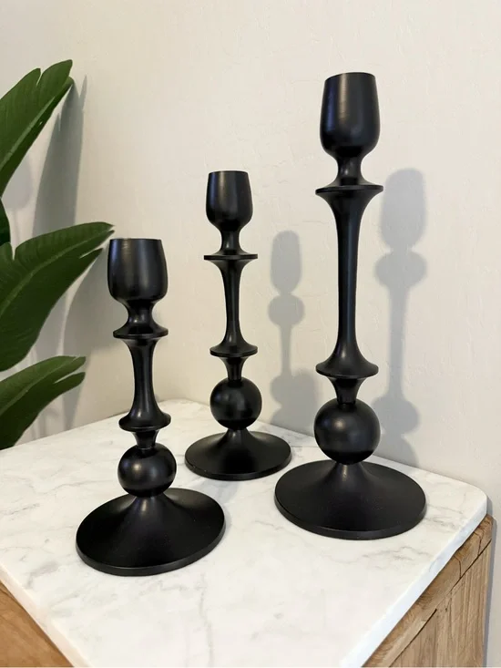 3pc Matte Black Metal Candlestick Set