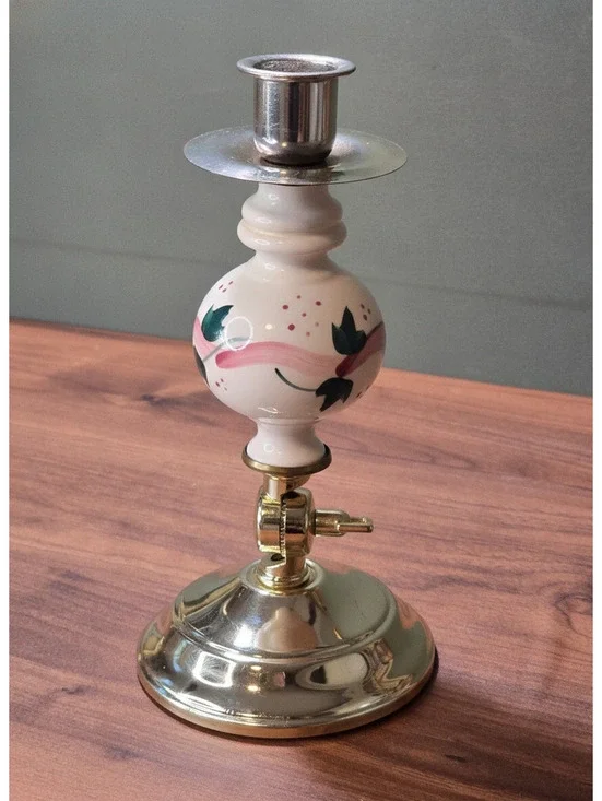 Vintage Homco Ivy and Ribbon Candlestick Brass Ceramic Convertible Sconce