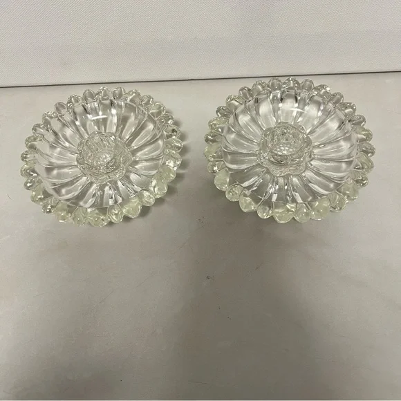Hazel Atlas Daisy Petal Pressed Glass Candle Holders Clear Glass Vintage
