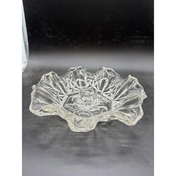Vintage Clear Pressed Glass Ruffled Edge Candlestick Holder Starburst Rose Base