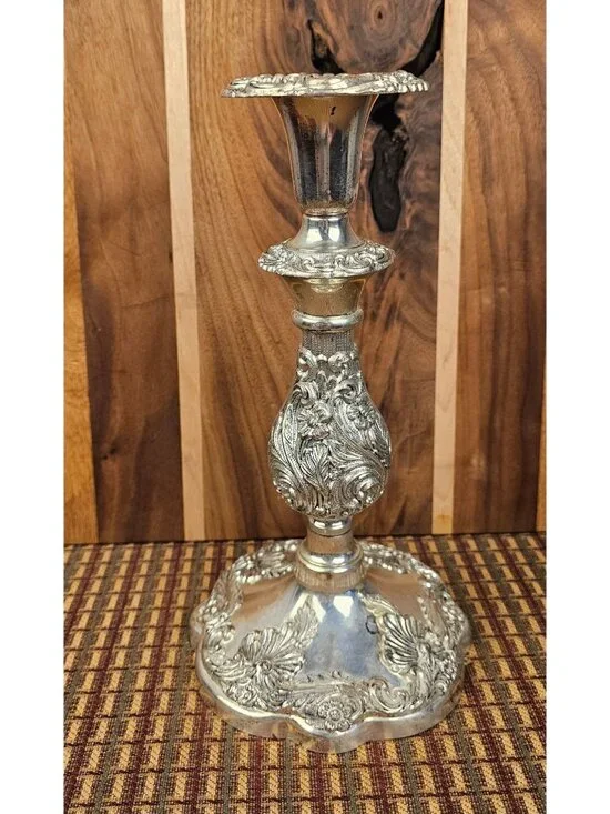 Ornate Silver Tone Candlestick Holder 12 In Tall Floral Scroll Metal Table Decor