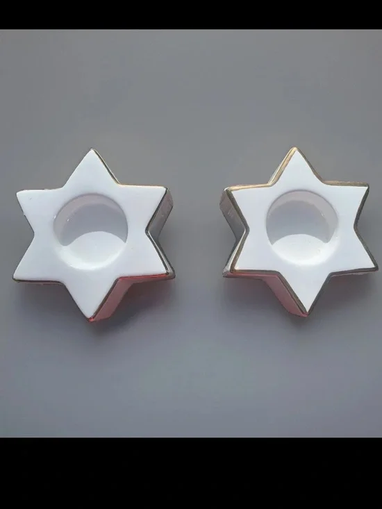 Set of Two Ceramic White & Gold Star Candle Votive Holders Christmas Holiday