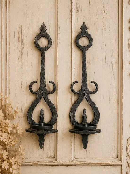 Set of 2 Vintage Homco MCM Gothic Style Hammered Wall Sconce Candlestick Holders