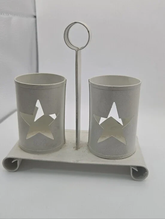 Rustic White Metal Double Tealight Candle Holder w/ Star Cutouts Farmhouse Decor