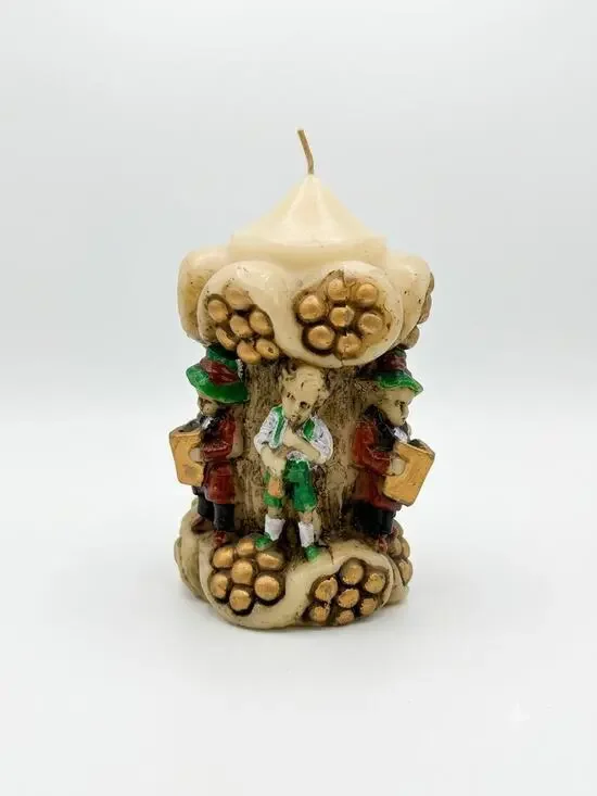 Vintage German Carved Candle, Bavarian Carolers Musicians, Hand Carved