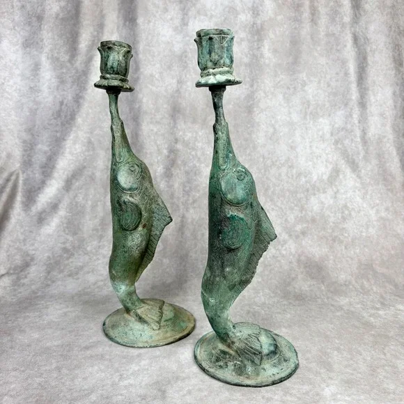 Vintage Verdigris Bronze Fish Candlesticks Pair Coastal Koi Dolphin Holders 17