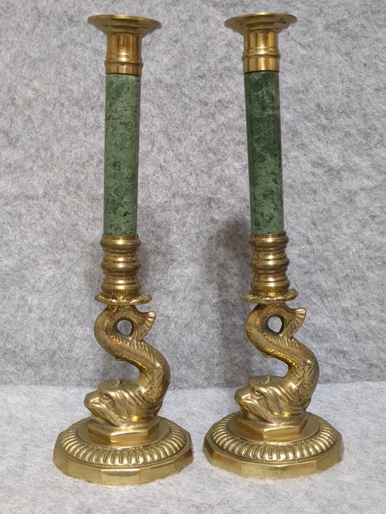 Vintage Brass Green Marble Koi Fish Lot Of 2 Candlestick Holders