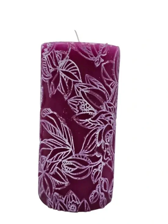 Ashland Magenta & White Unscented Pillar Floral Carved 6