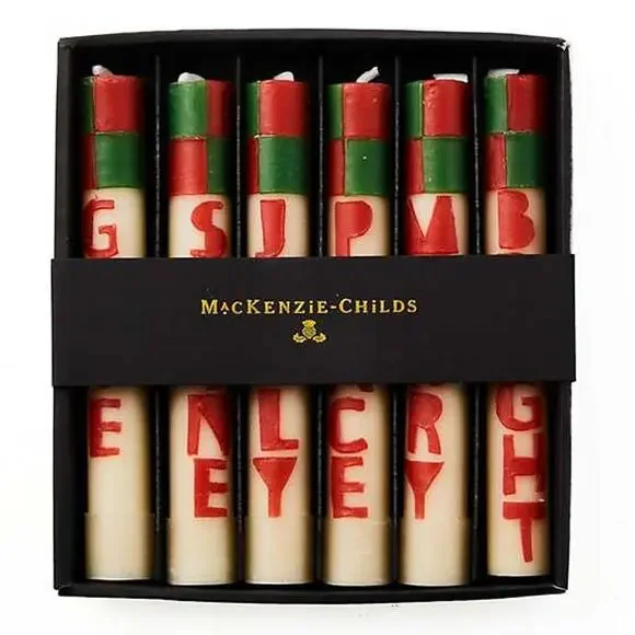 MACKENZIE-CHILDS Merry & Bright Mini Dinner Candles Set of 6 Holiday Decor NEW
