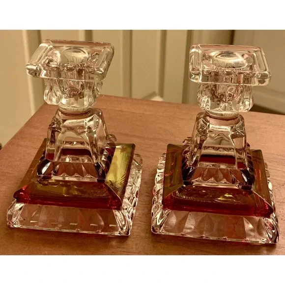 Set Of‎ 2 Vintage Westmoreland Wedding Pattern Ruby Flash Crystal Candlesticks.