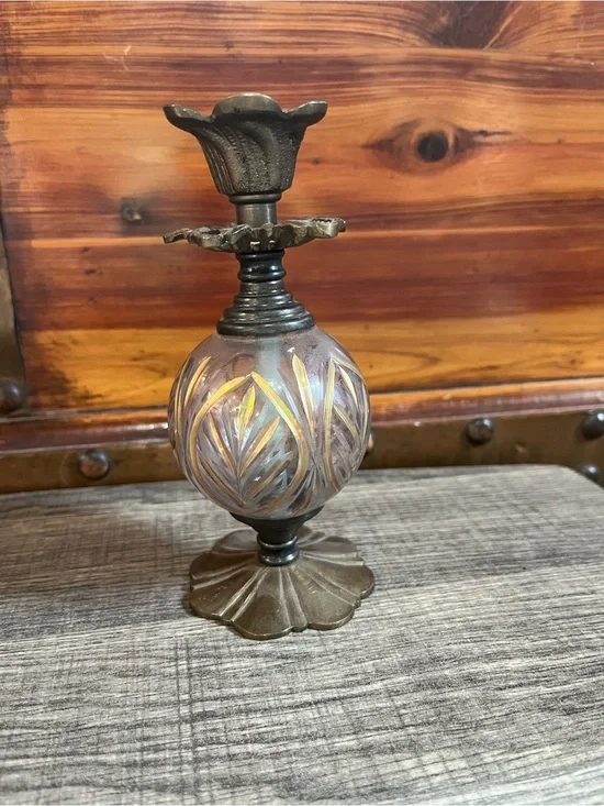 Ornate Vintage Glass & Metal Decorative Candle Holder-Gold Accents. No chips
